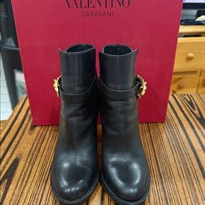 Valentino Garavani Black Ankle Boots with Gold Buckle